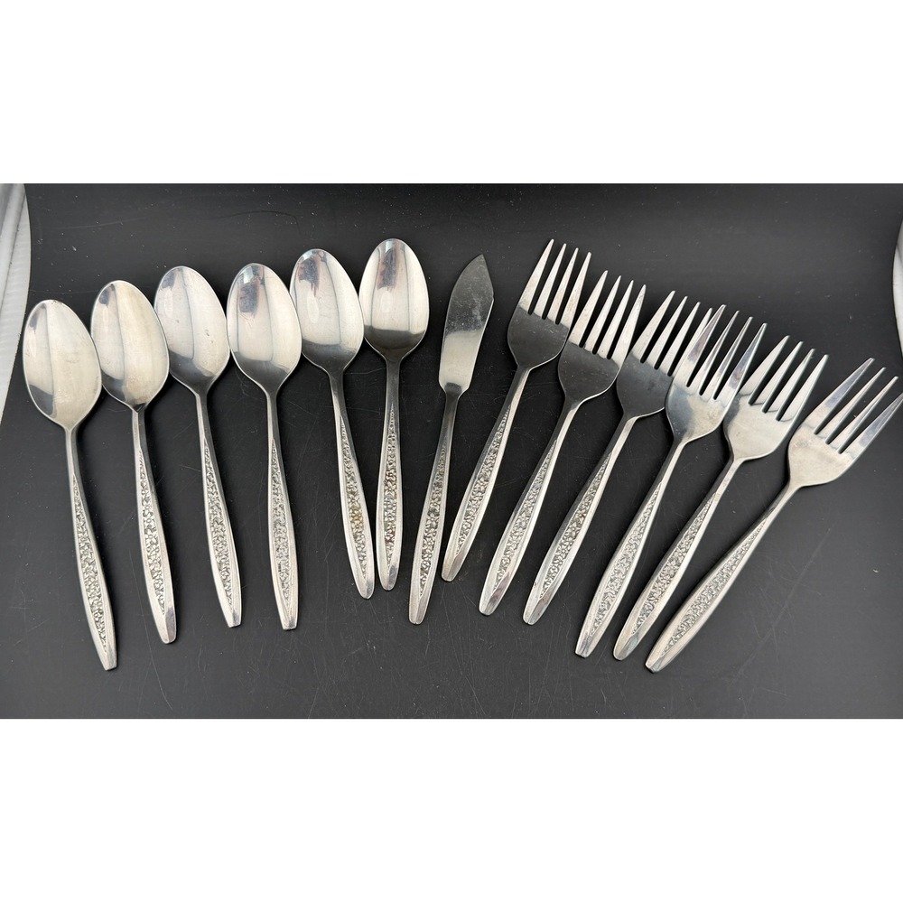 Customcraft Stainless Flatware: Floral Pattern, Service for 6, Forks Spoons 13pc